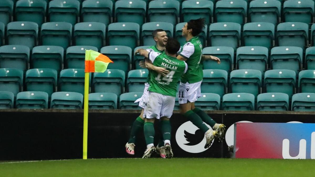 Hibernian players celebrate a goal